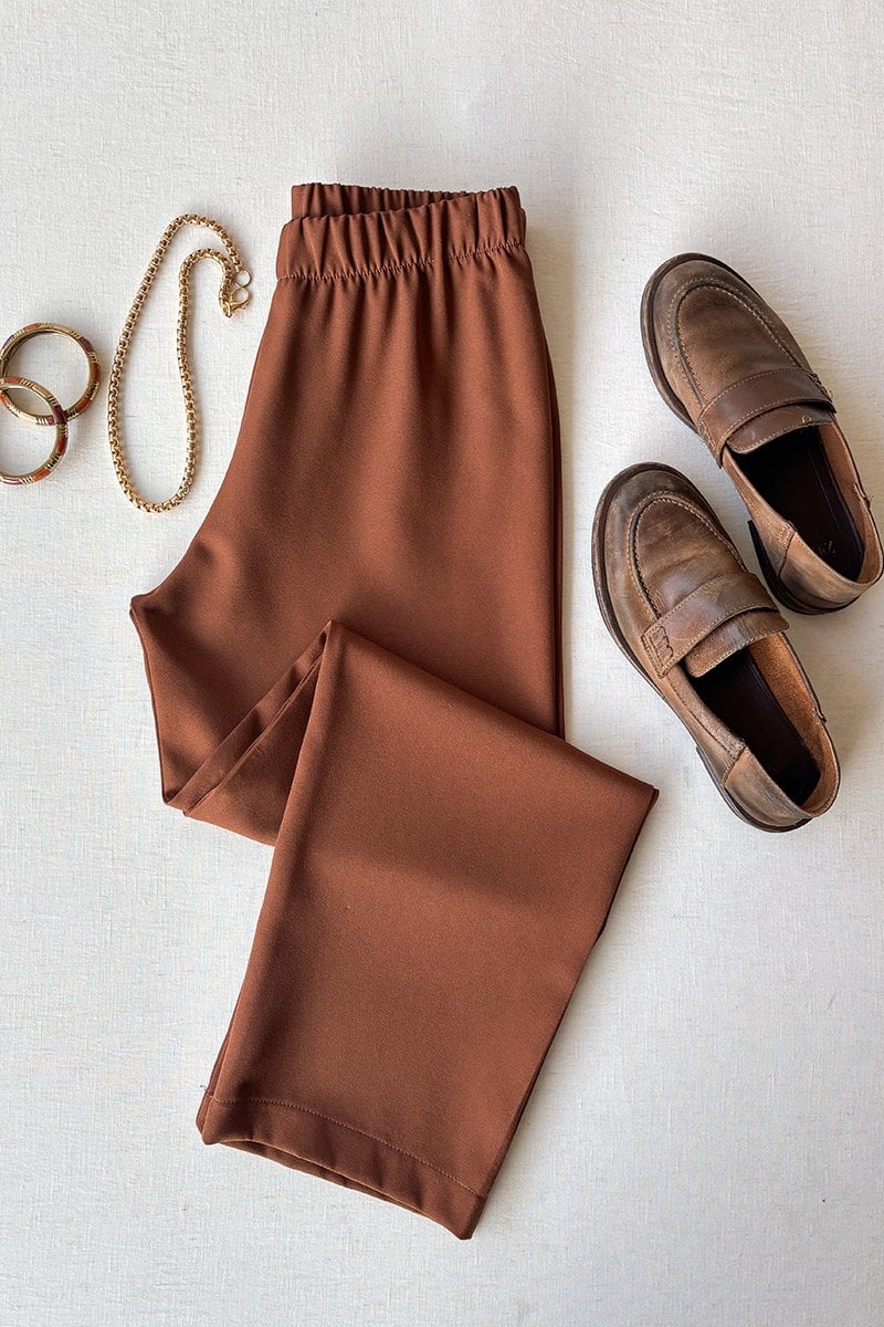 Kahverengi Krep Boru Paça Pantolon