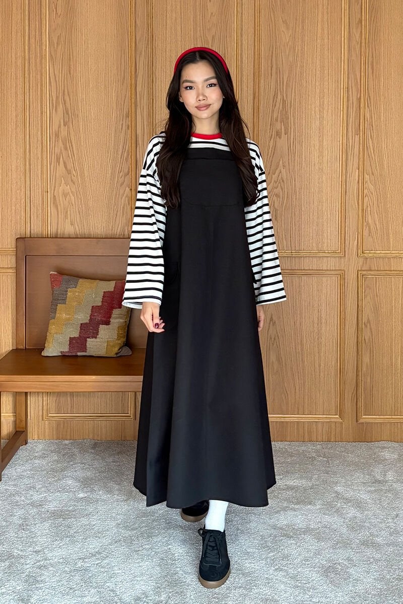 Siyah Keten Etekli Salopet & Kırmızı Yaka Siyah Çizgili Body Takım