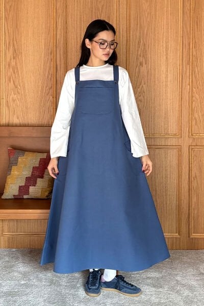 İndigo Keten Etekli Salopet & Ekru Body Takım