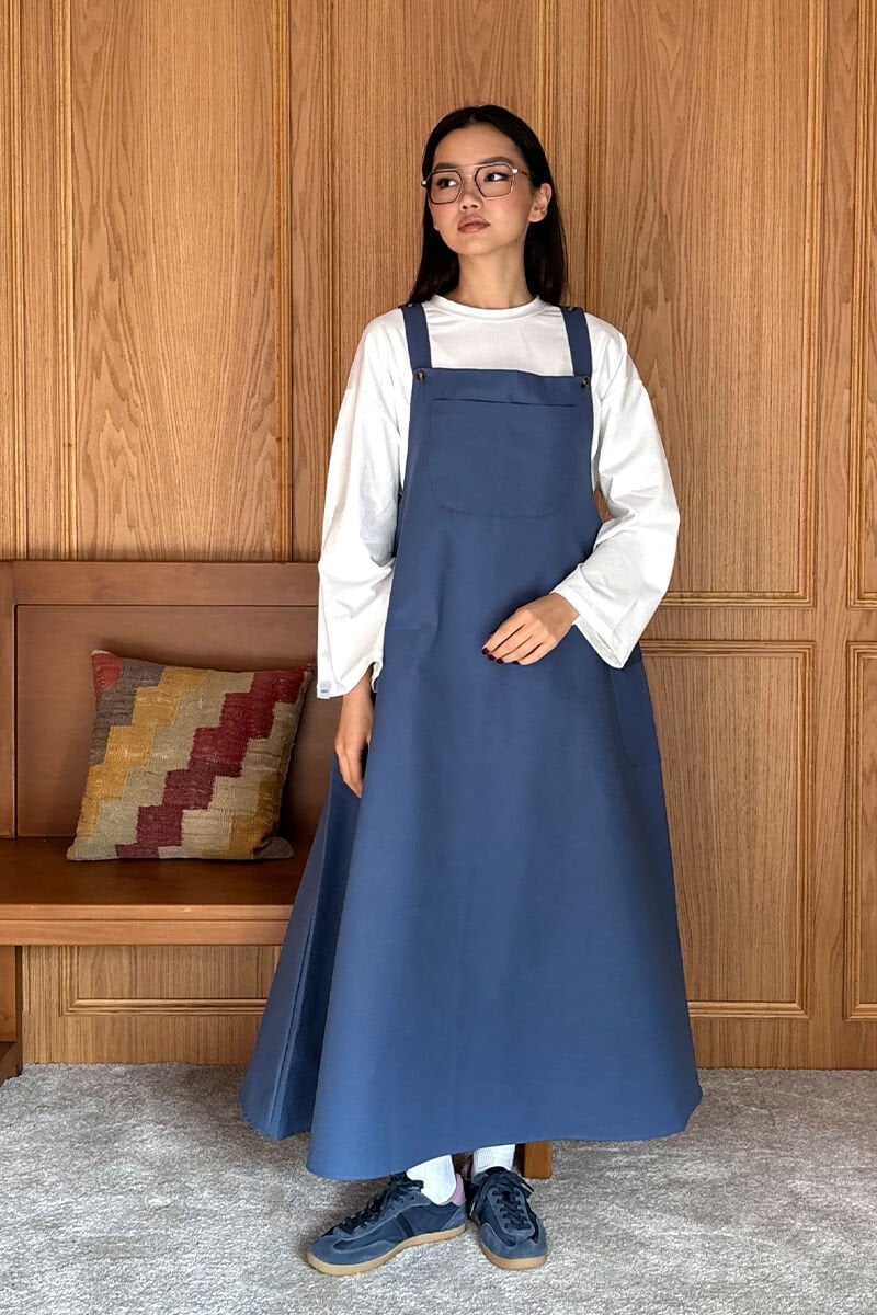 İndigo Keten Etekli Salopet & Ekru Body Takım