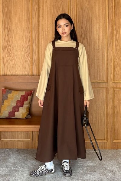 Çikolata Keten Etekli Salopet & Tereyağ Sarısı Body Takım