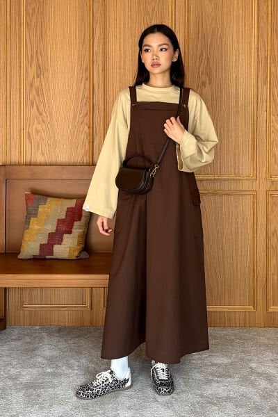 Acı Kahve Keten Etekli Salopet & Tereyağ Sarısı Body Takım