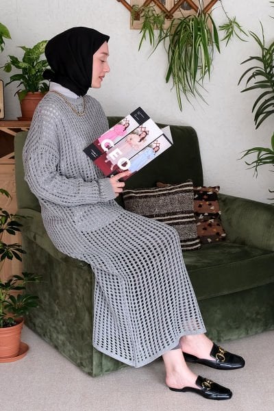 Gri File Triko Elbise