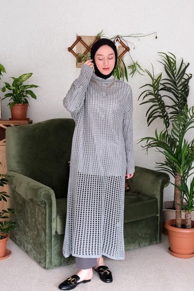 Gri File Triko Elbise