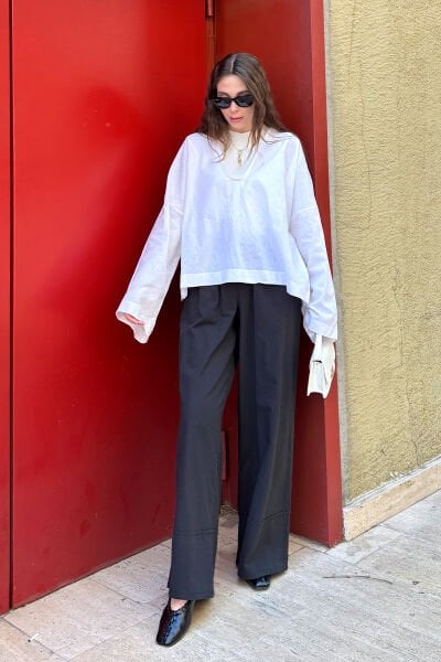 Siyah Organik Keten Double Paça Pantolon