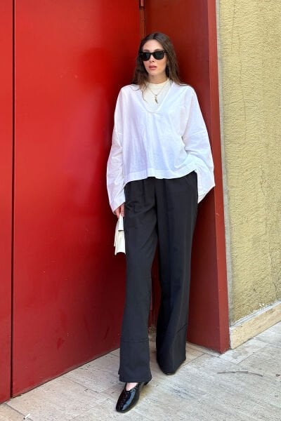 Siyah Organik Keten Double Paça Pantolon