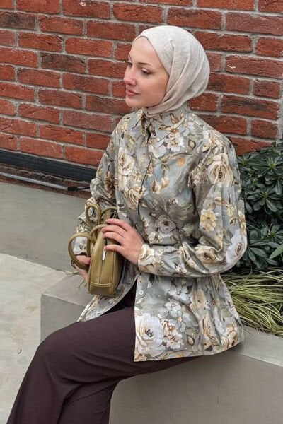 Haki Gül Desenli Vintage Gömlek