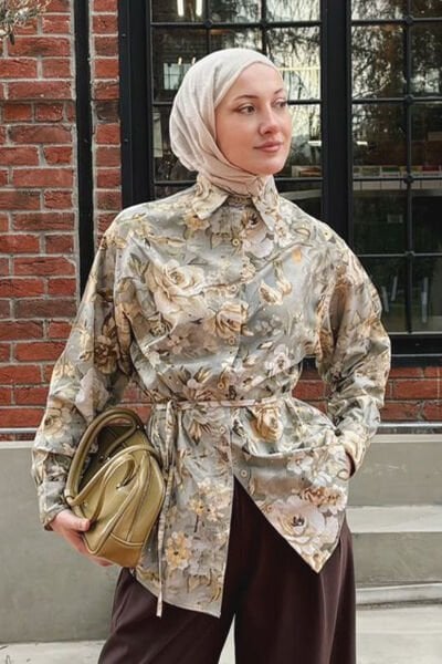 Haki Gül Desenli Vintage Gömlek