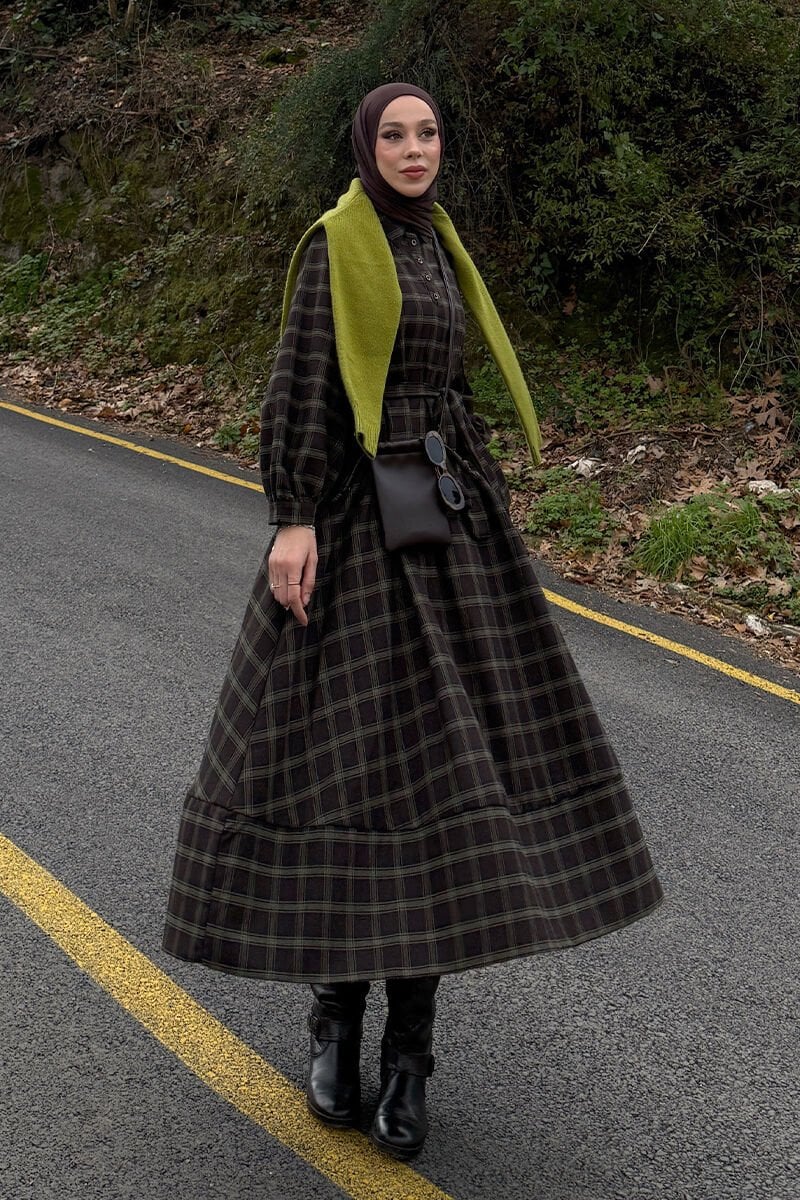 Acı Kahve Ekoseli Vintage Elbise / Dilek Ağır