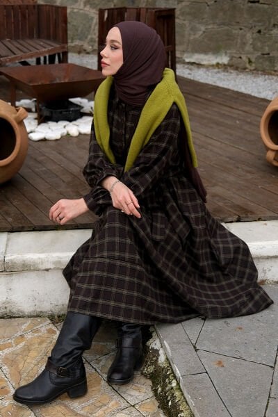 Acı Kahve Ekoseli Vintage Elbise / Dilek Ağır