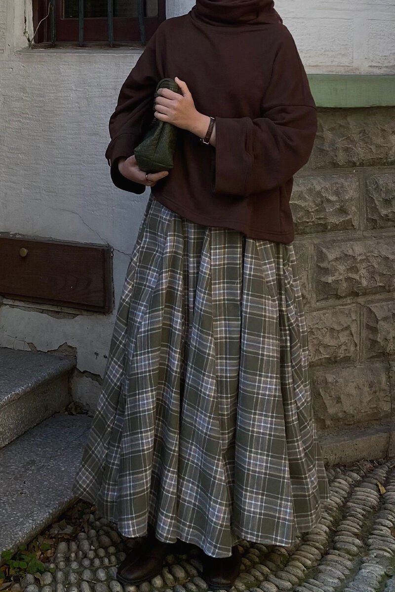 Haki Ekose Parçalı Etek / azralnn