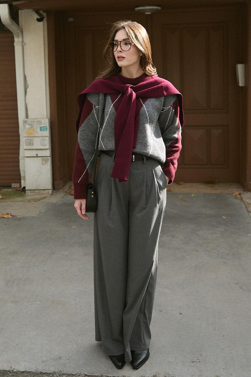 Bordo Baklava Desen Triko Kazak &  Antrasit Pile Detay Palazzo Pantolon