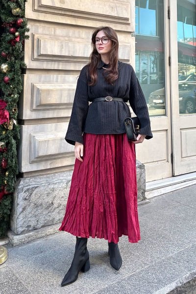 Bordo Kraşlı Balon Etek