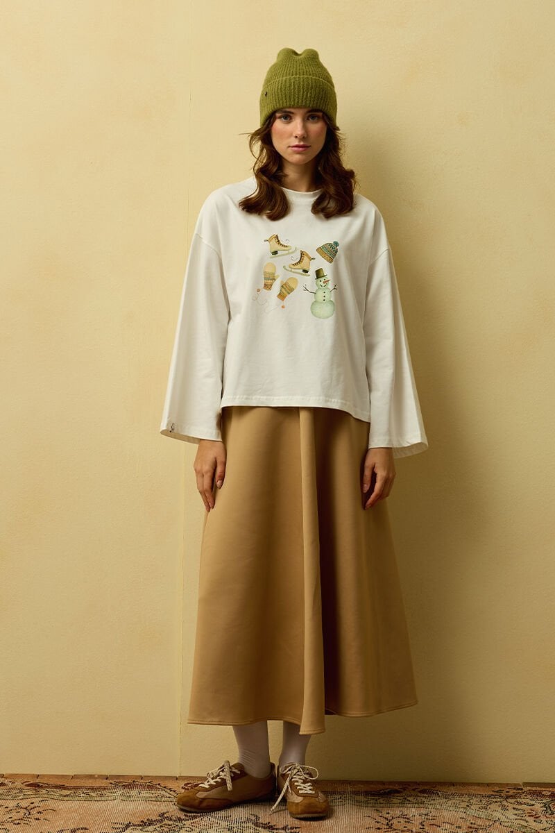 Ekru Winter Baskılı Basic Body & Karamel Scuba Etek