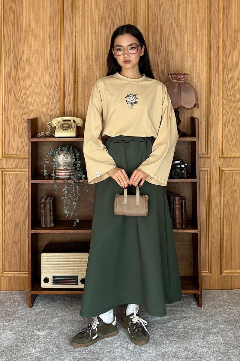 Bej Nakışlı Body & Haki Scuba Etek Takım