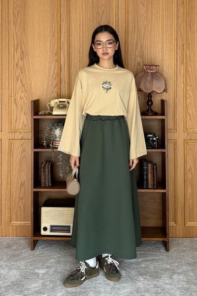 Bej Nakışlı Body & Haki Scuba Etek Takım