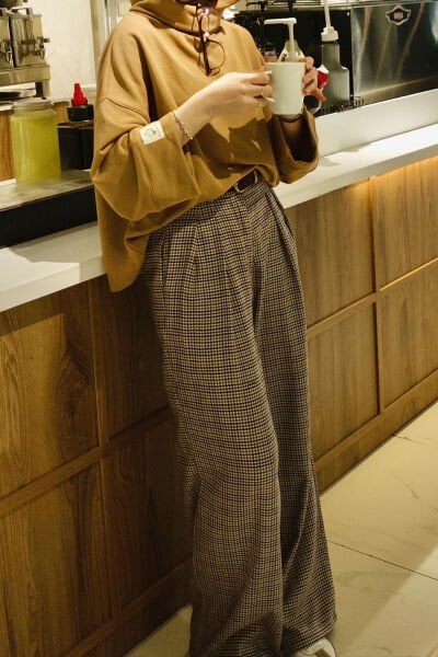 Kaz Ayağı Desenli Pile Detay Palazzo Pantolon / fida.ily