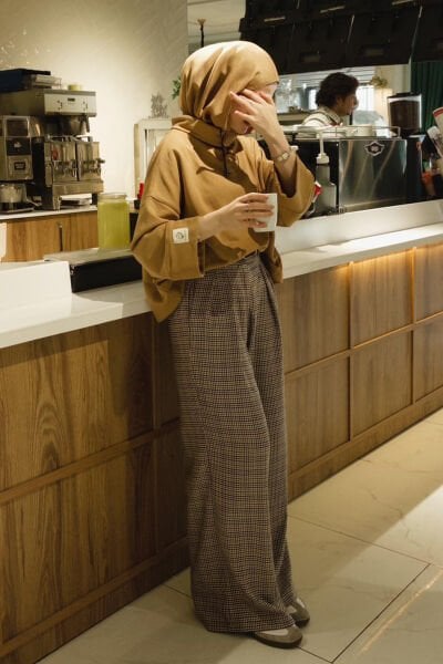 Kaz Ayağı Desenli Pile Detay Palazzo Pantolon / fida.ily