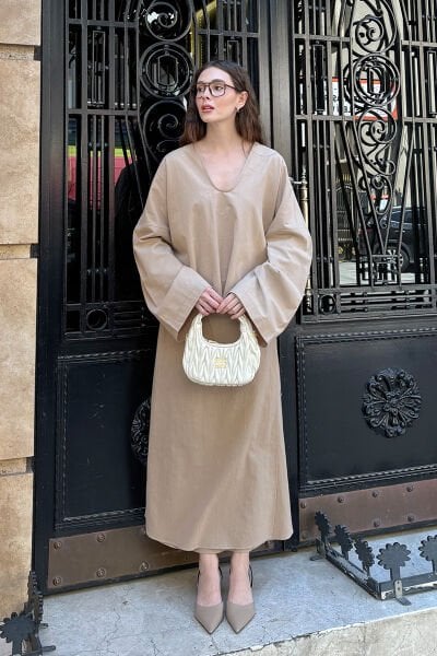 Karamel Organik Keten  Anvelop Etek & V Yaka Bluz Takım