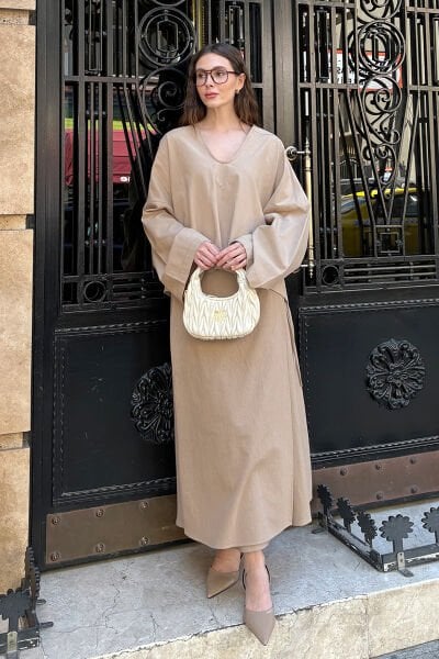 Karamel Organik Keten  Anvelop Etek & V Yaka Bluz Takım