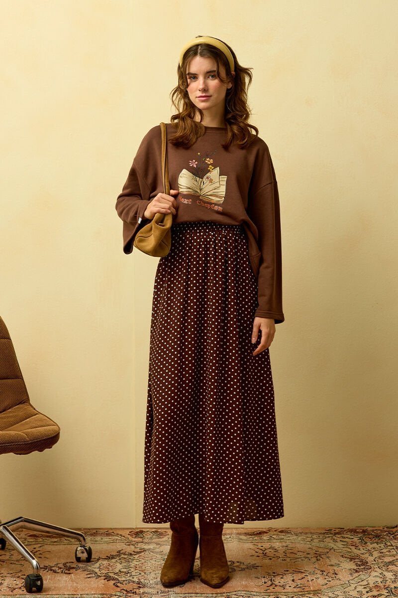 Çikolata Baskılı 3 İp Body & Acı Kahve Viskon Puantiye Detaylı Etek Takım