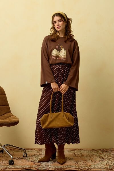 Çikolata Baskılı 3 İp Body & Acı Kahve Viskon Puantiye Detaylı Etek Takım