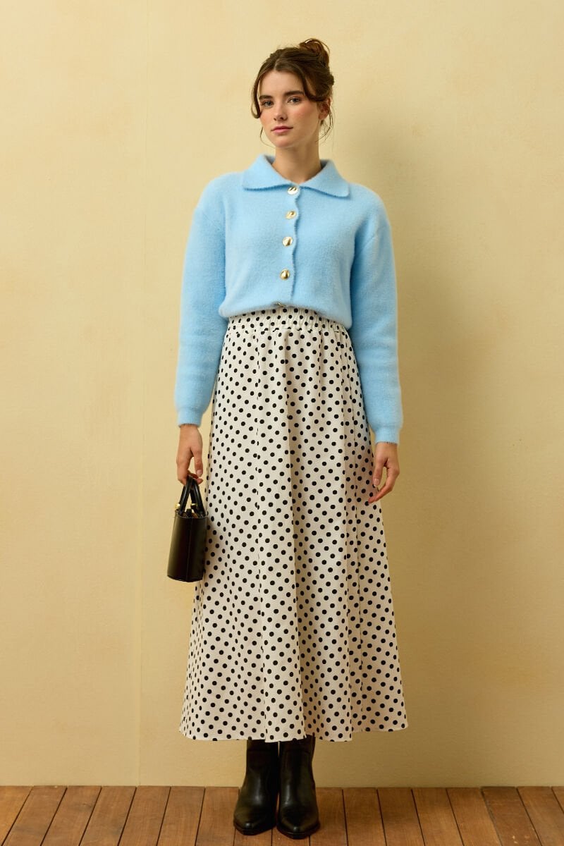 Soft Mavisi Polo Yaka Peluş Hırka & Beyaz Siyah Puantiyeli Keten Kloş Etek Takım