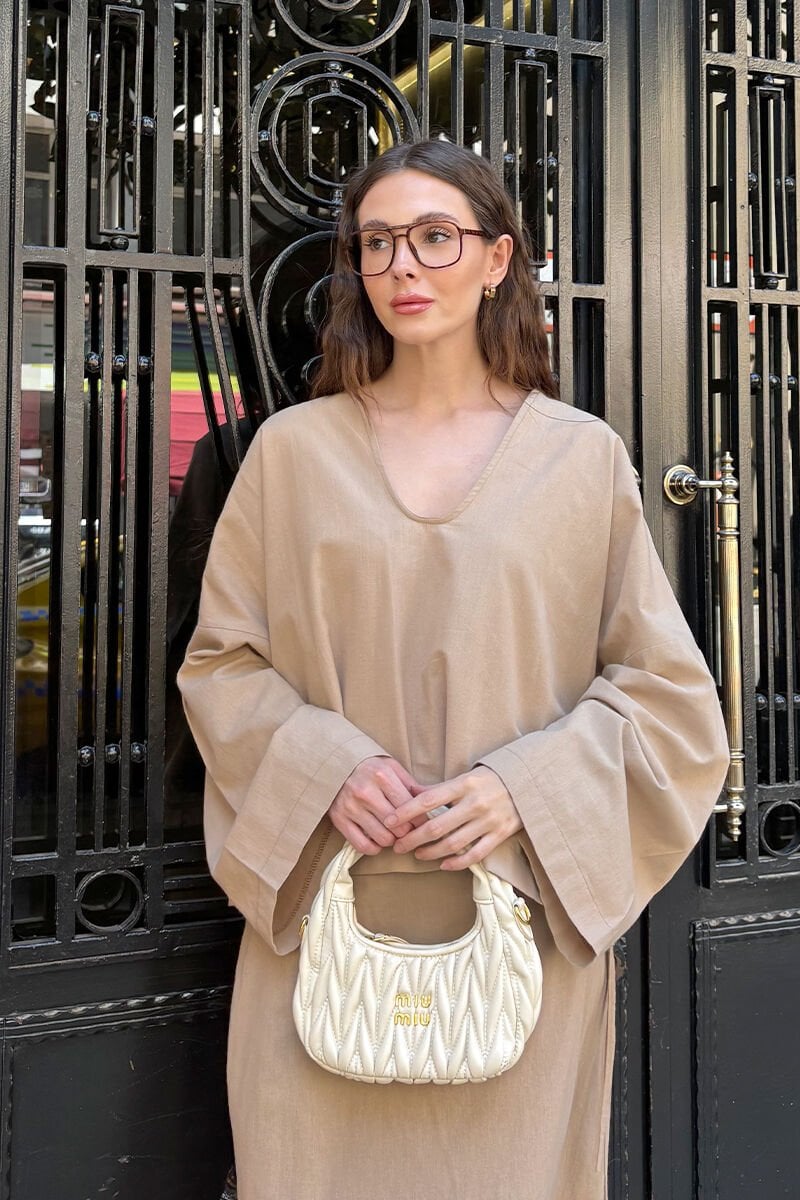 Karamel Organik Keten V Yaka Bluz