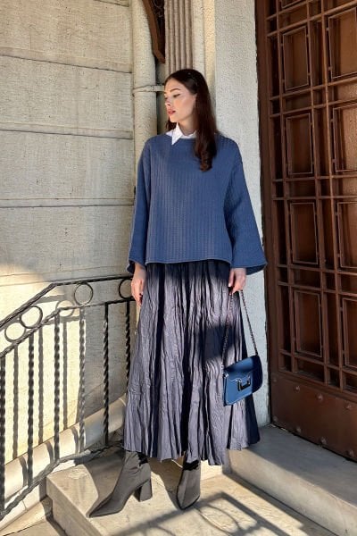 Lacivert Kraşlı Balon Etek