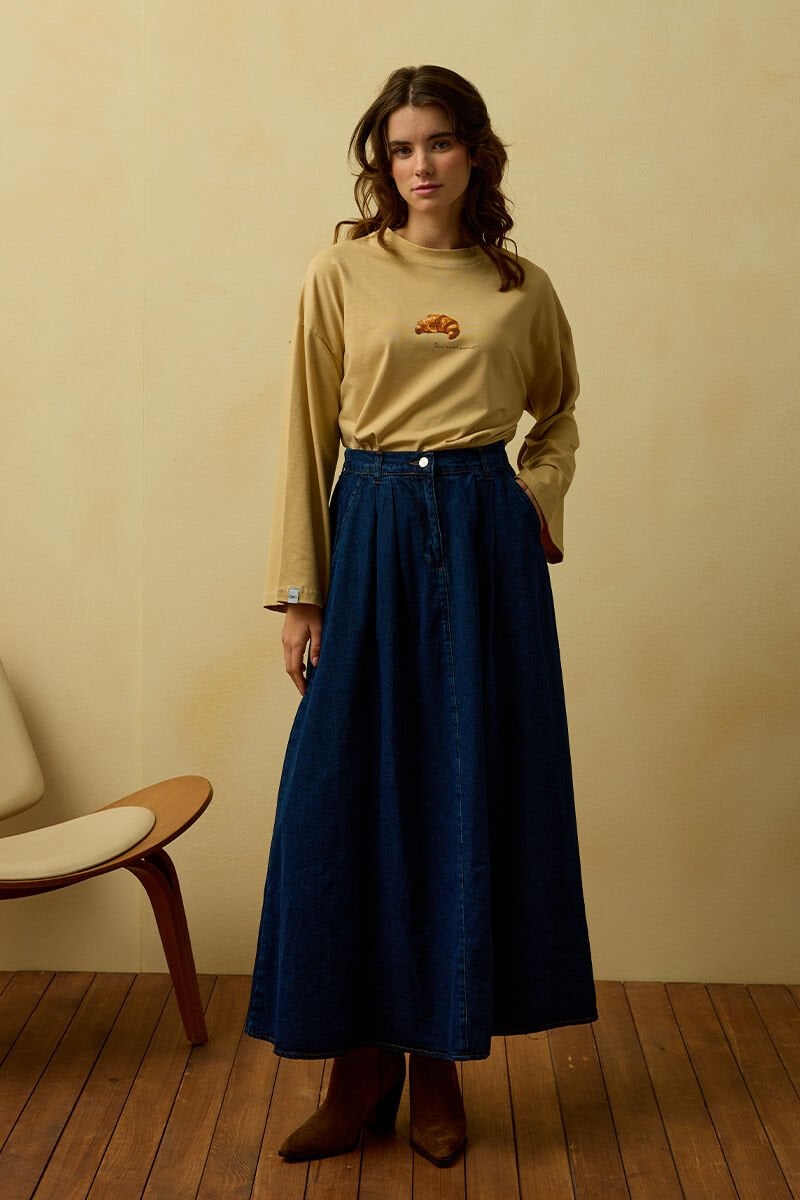 Bej Kruvasan Baskılı Basic Body & Kot Tek Düğmeli Etek Takım