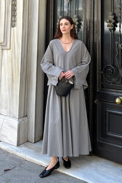 Gri Organik Keten Balon Etek