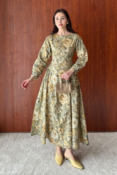 Haki Gül Desenli Korsaj Detay Elbise