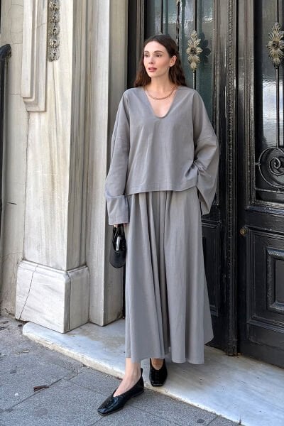 Gri Organik Keten Balon Etek