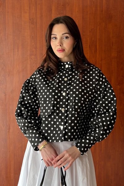 Siyah Beyaz Puantiyeli Keten Ceket