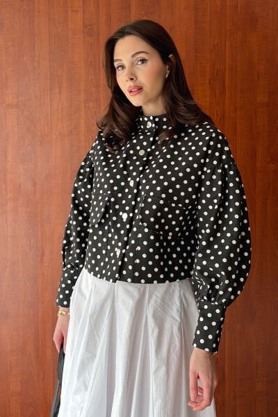 Siyah Beyaz Puantiyeli Keten Ceket