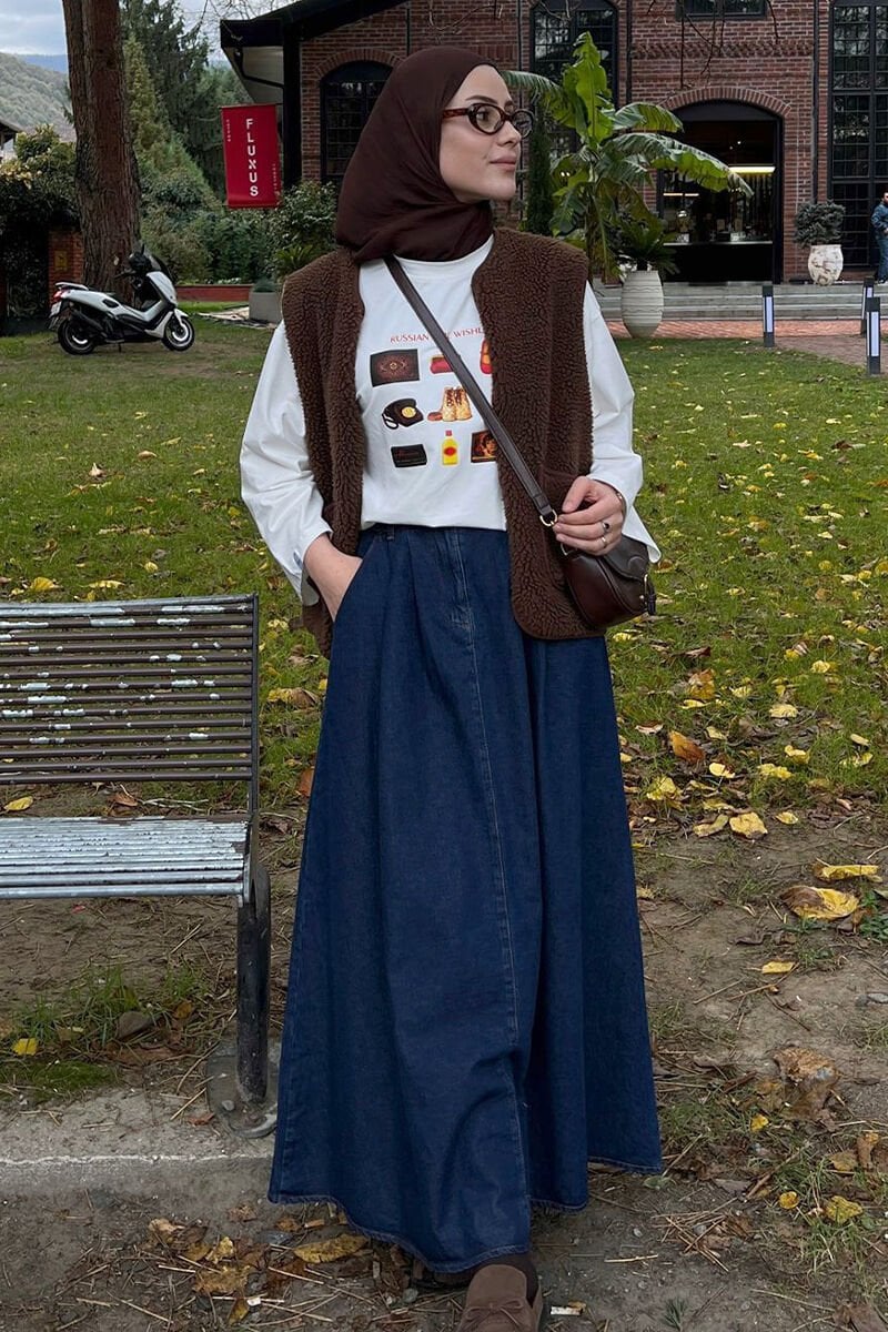 Ekru Otantik  Baskılı Basic Body & Kot Tek Düğmeli Etek Takım