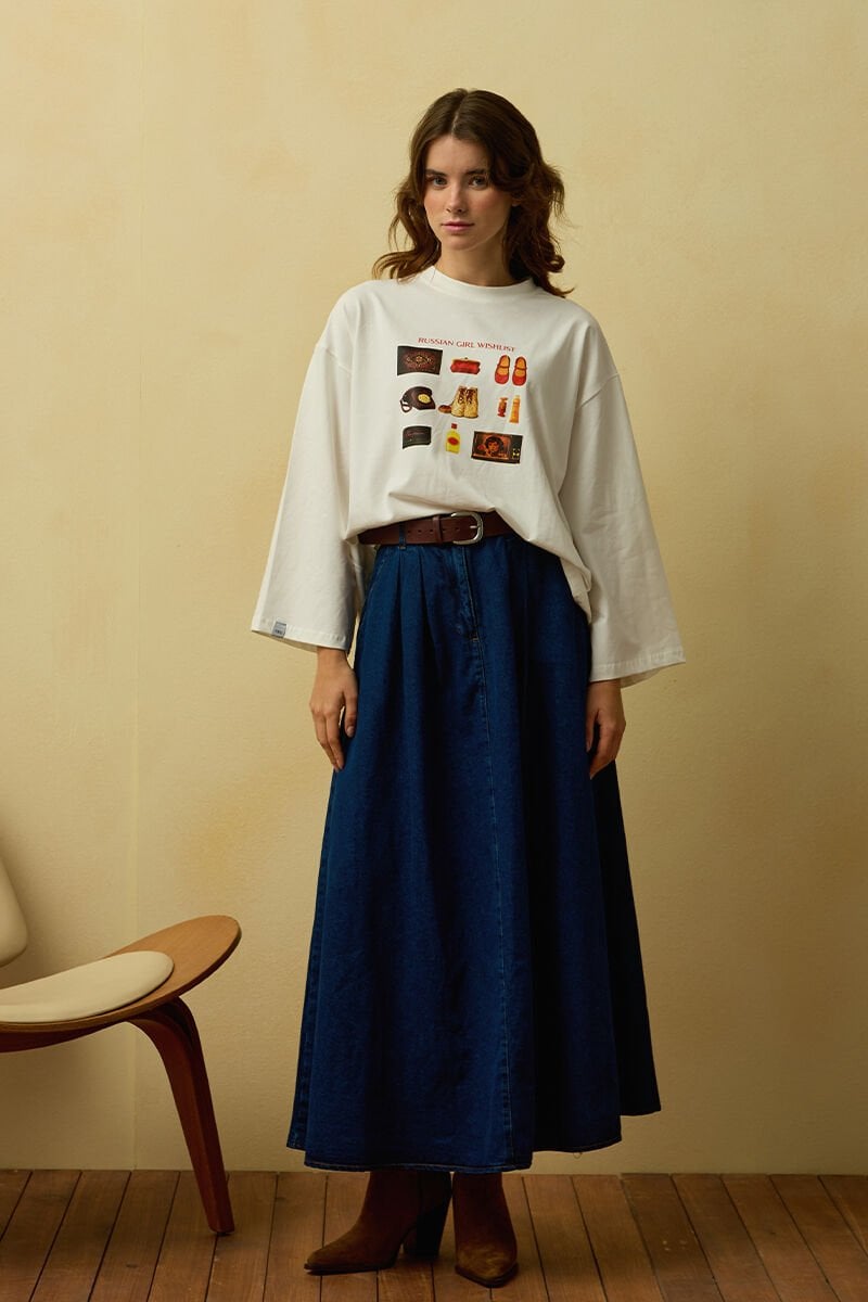 Ekru Otantik  Baskılı Basic Body & Kot Tek Düğmeli Etek Takım