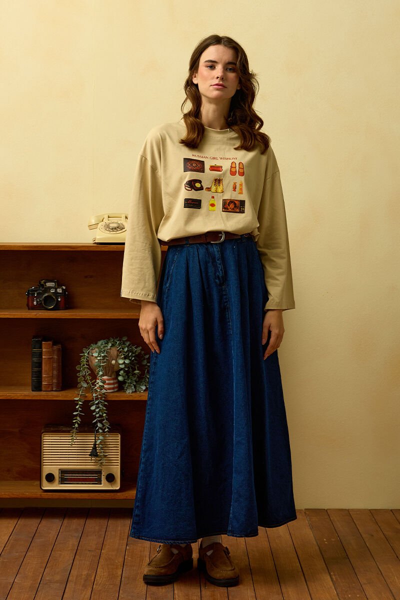 Bej Otantik  Baskılı Basic Body & Kot Tek Düğmeli Etek Takım