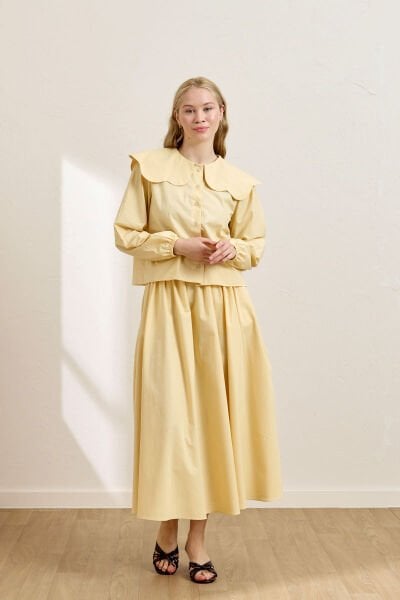 Tereyağ Sarısı Papatya Yaka Crop Gömlek & Balon Etek
