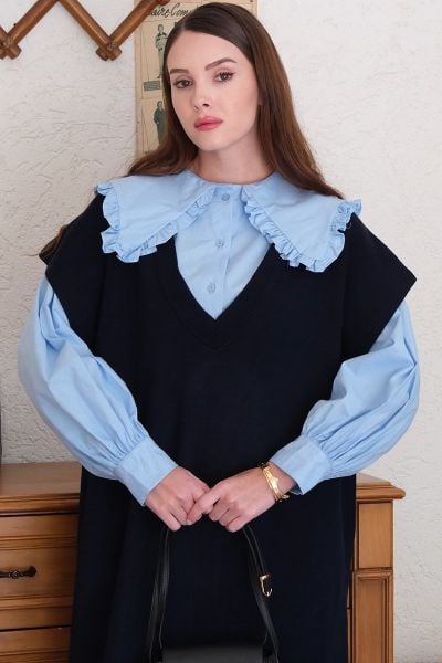 Bebe Mavisi Yakası Fırfırlı Crop Gömlek