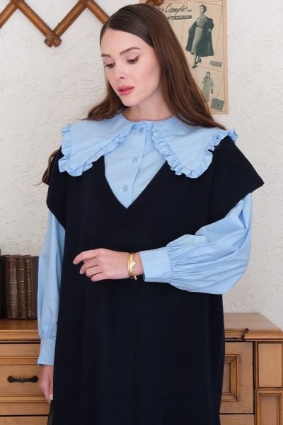 Bebe Mavisi Yakası Fırfırlı Crop Gömlek