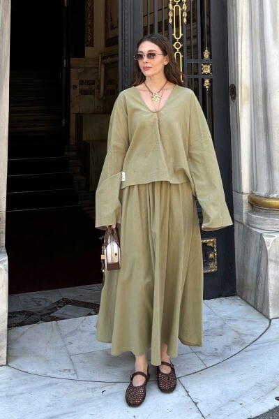 Haki Organik Keten V Yaka Bluz