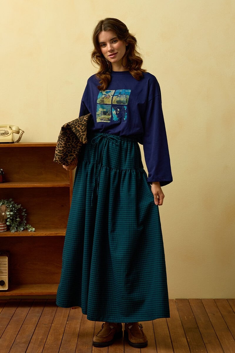 Lacivert Summer Baskılı Basic Body & Zümrüt Pötikare Fırfır Detay Poliviskon Etek Takım