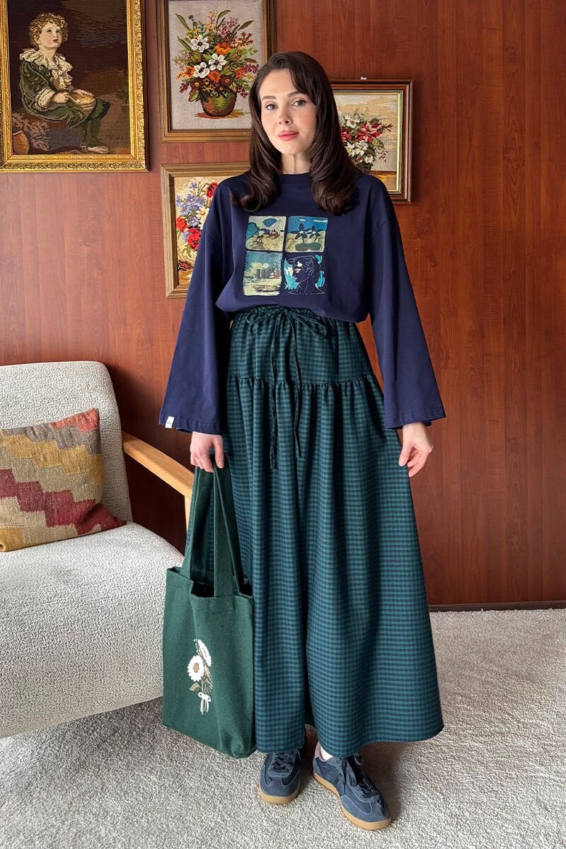 Lacivert Summer Baskılı Basic Body & Zümrüt Pötikare Fırfır Detay Poliviskon Etek Takım