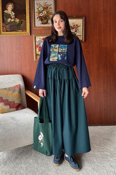 Lacivert Summer Baskılı Basic Body & Zümrüt Pötikare Fırfır Detay Poliviskon Etek Takım