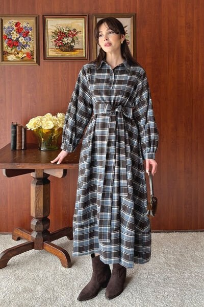 Mavi Ekoseli Vintage Elbise