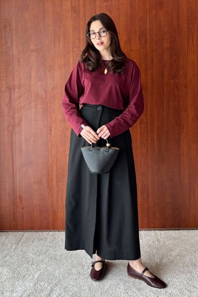 Siyah Poliviskon Etekli Pantolon