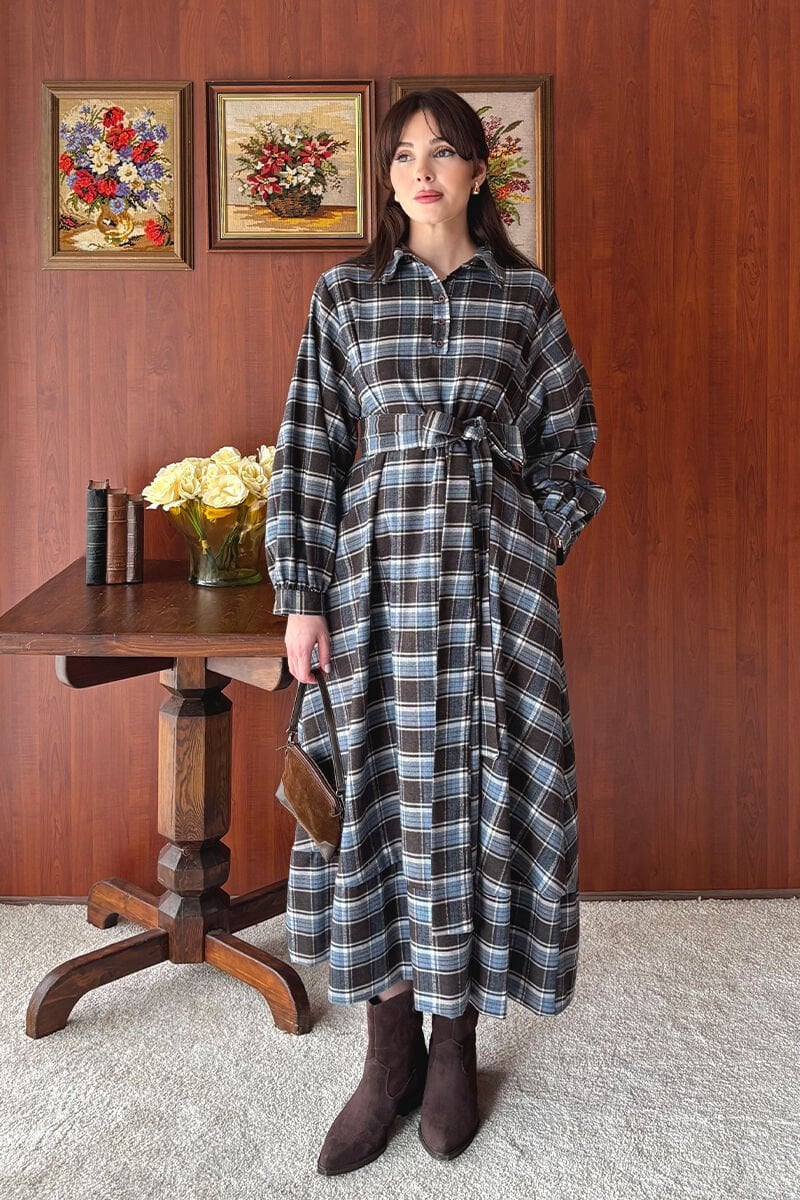 Mavi Ekoseli Vintage Elbise