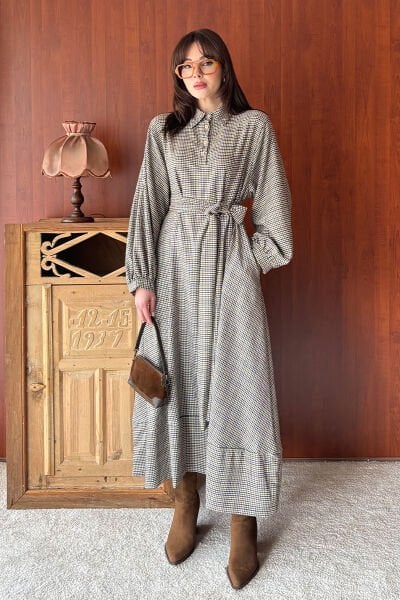 Kaz Ayağı Desenli Vintage Elbise