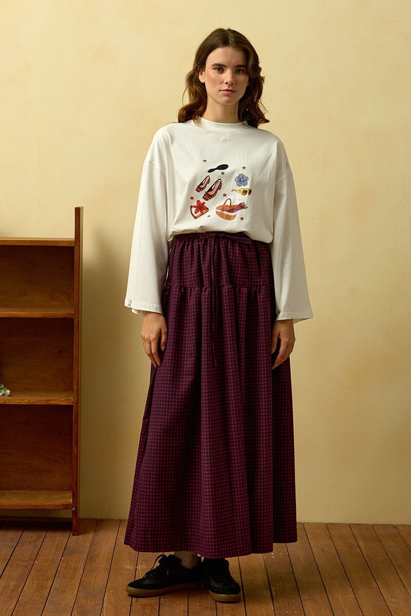 Ekru Sepet Baskılı Basic Body & Bordo Pötikare Fırfır Detay Poliviskon Etek Takım